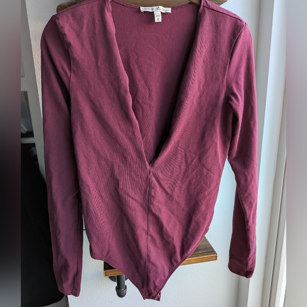 Express One Eleven Deep V-Neck Plunge Long Sleeve Bodysuit - Maroon - Medium